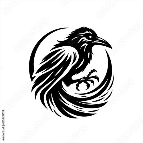 Stylized black raven or crow in a circular design