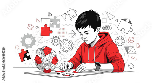 Boy solving a jigsaw puzzle, enhancing cognitive skills and problem-solving abilities while engaging in a brain training activity