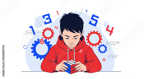 Boy Solving A Cube Puzzle With Numbers And Gears In The Background