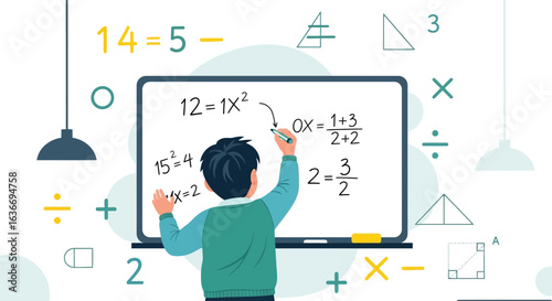 Boy Solving Mathematical Equations on Whiteboard Vector Graphic Illustration