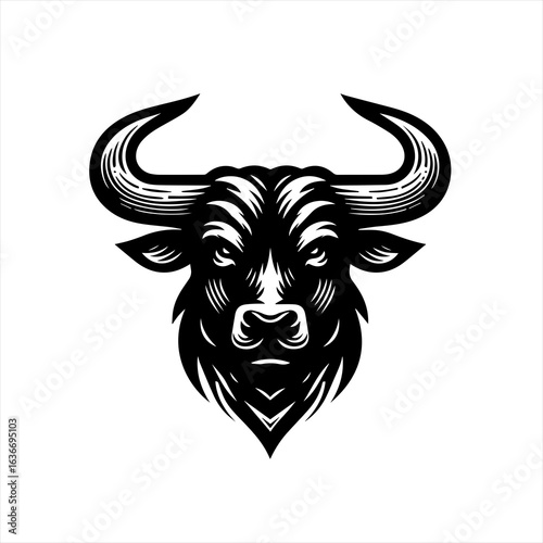 Black and white illustration of a powerful bull head with detailed horns