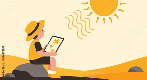 Boy With Hat Sitting On Rock Using Digital Tablet Under The Sun