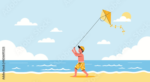 Boy with kite enjoying a sunny day at the beach, embodying carefree summer vacation