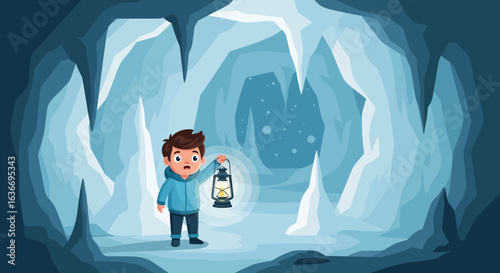 Boy With Lantern Exploring Mysterious Ice Cave With Sharp Icicles