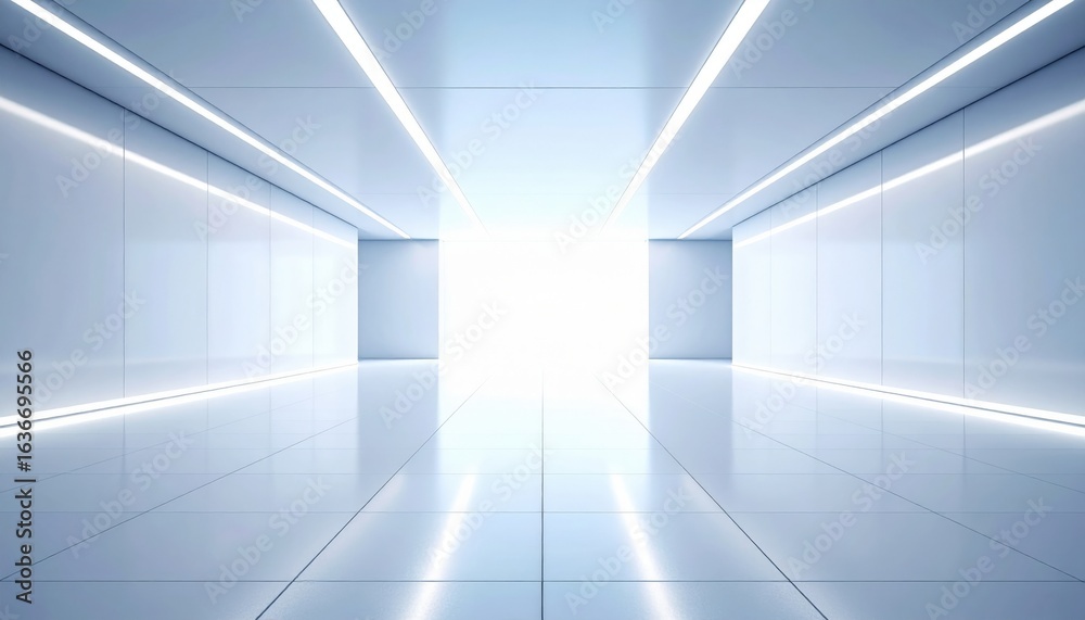 Fototapeta premium Illuminated corridor perspective modern architecture digital art sleek environment minimalist viewpoint futuristic concept for seo impact