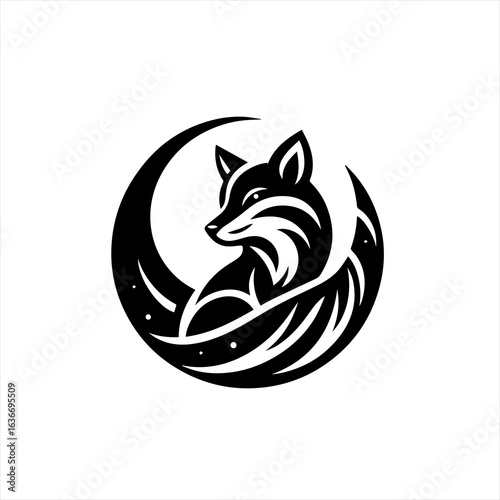 Stylized black fox silhouette in crescent moon shape