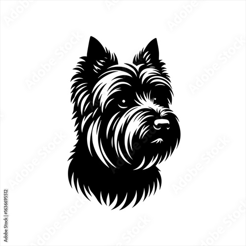 Black and white illustration of a cairn terrier dog head