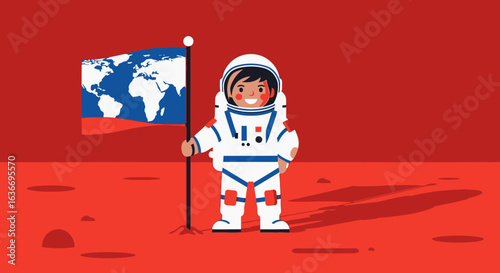 Brave Astronaut Planting Earth Flag On Red Planet Surface Illustration