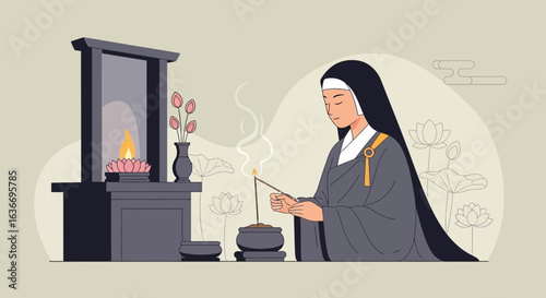 Buddhist Nun Offering Incense During Spiritual Ceremony Of Remembrance