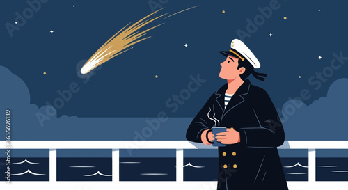 Captain Gazing At Shooting Star Over The Ocean At Night Serene Moment