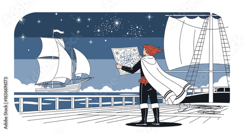 Captain Navigating by the Stars on a Ship Deck during a Voyage at Night with Constellations