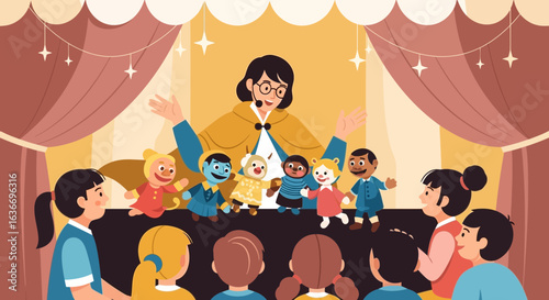 Captivating puppet show performance for children with vibrant stage setting illustration