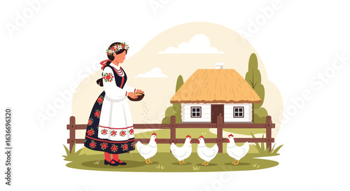 Captivating Rural Scene With Folkloric Woman Feeding Chickens Near Thatched House