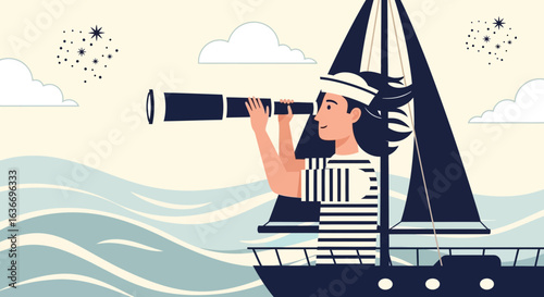 Captivating sailor illustration: Navigating the seas with telescope and determination