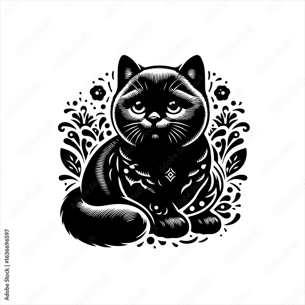 Obraz premium Black cat with floral ornamental design illustration