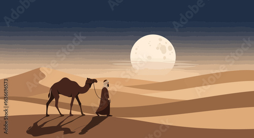 Caravan Adventure Under Moonlight In The Desert Landscape Illustration