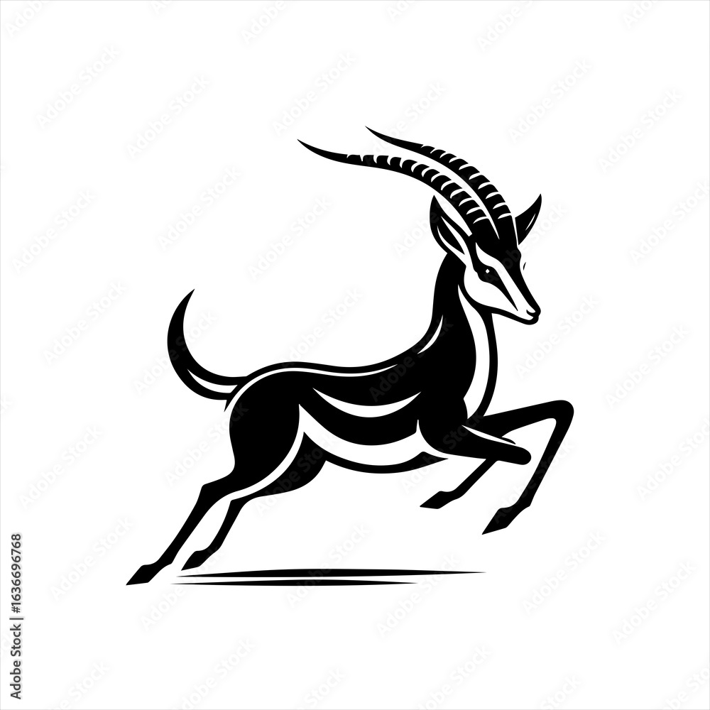 Obraz premium Stylized black silhouette of a gazelle leaping with curved horns