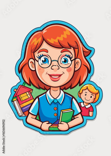 Female teacher with short auburn hair and glasses holding books and a building model. smiling warmly while interacting with a student in a school setting.