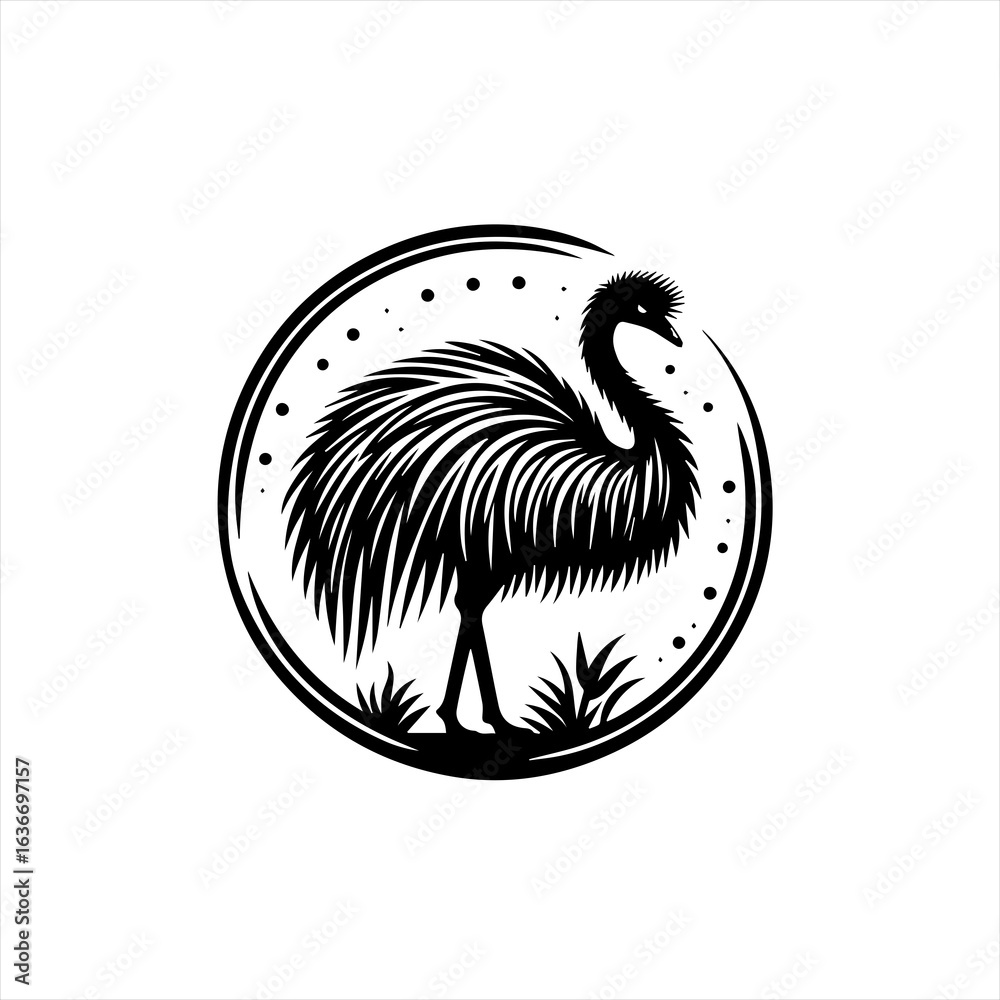 Naklejka premium Stylized black silhouette of an emu bird in a circular emblem