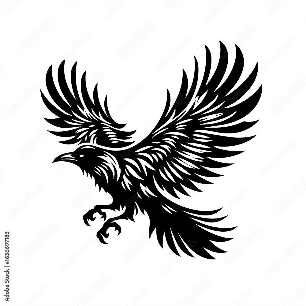 Fototapeta premium Stylized black raven in flight with spread wings