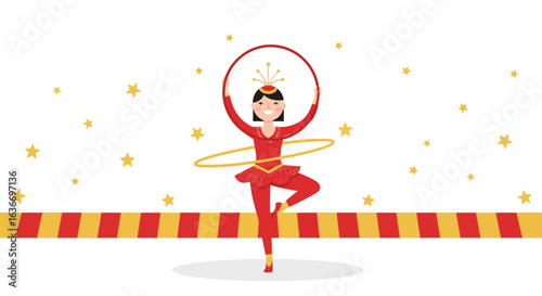 Cartoon circus performer balancing with hula hoop and star backdrop illustration