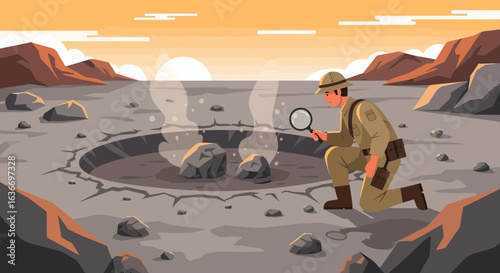 Cartoon explorer inspecting a steaming crater with a magnifying glass on alien planet