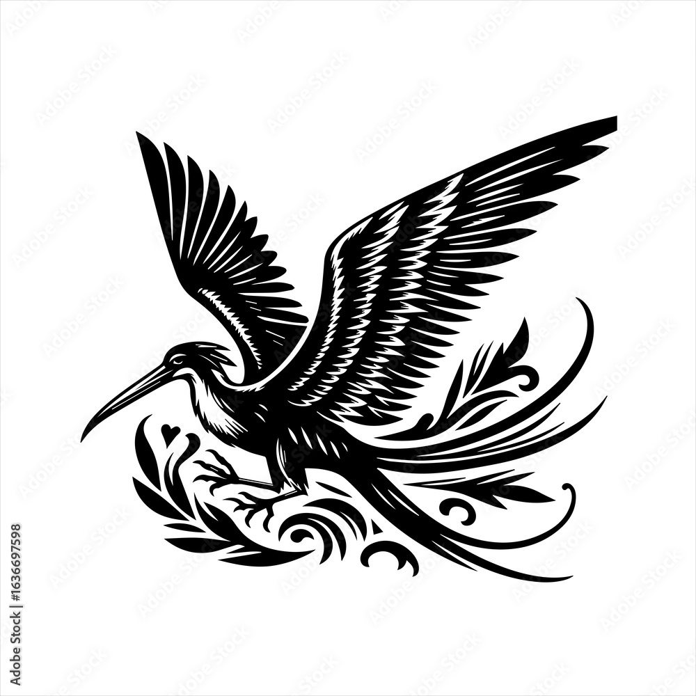 Fototapeta premium Elegant black silhouette of a bird with ornate tail feathers and wings