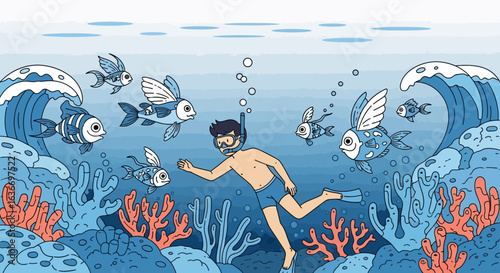 Cartoon illustration depicting a scuba diver swimming with fish in a vibrant underwater world