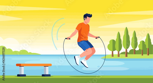 Cartoon illustration depicting a man skipping rope outdoors for fitness exercise routine in summer park against scenic backdrop