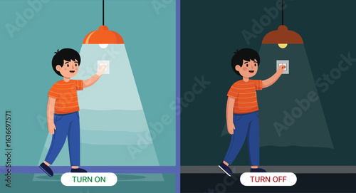 Boy turning light switch on and off, energy conservation, electrical safety, home awareness, power control, eco habits, cartoon illustration, indoor scene