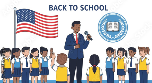 Cartoon illustration depicting the back-to-school season with an American theme