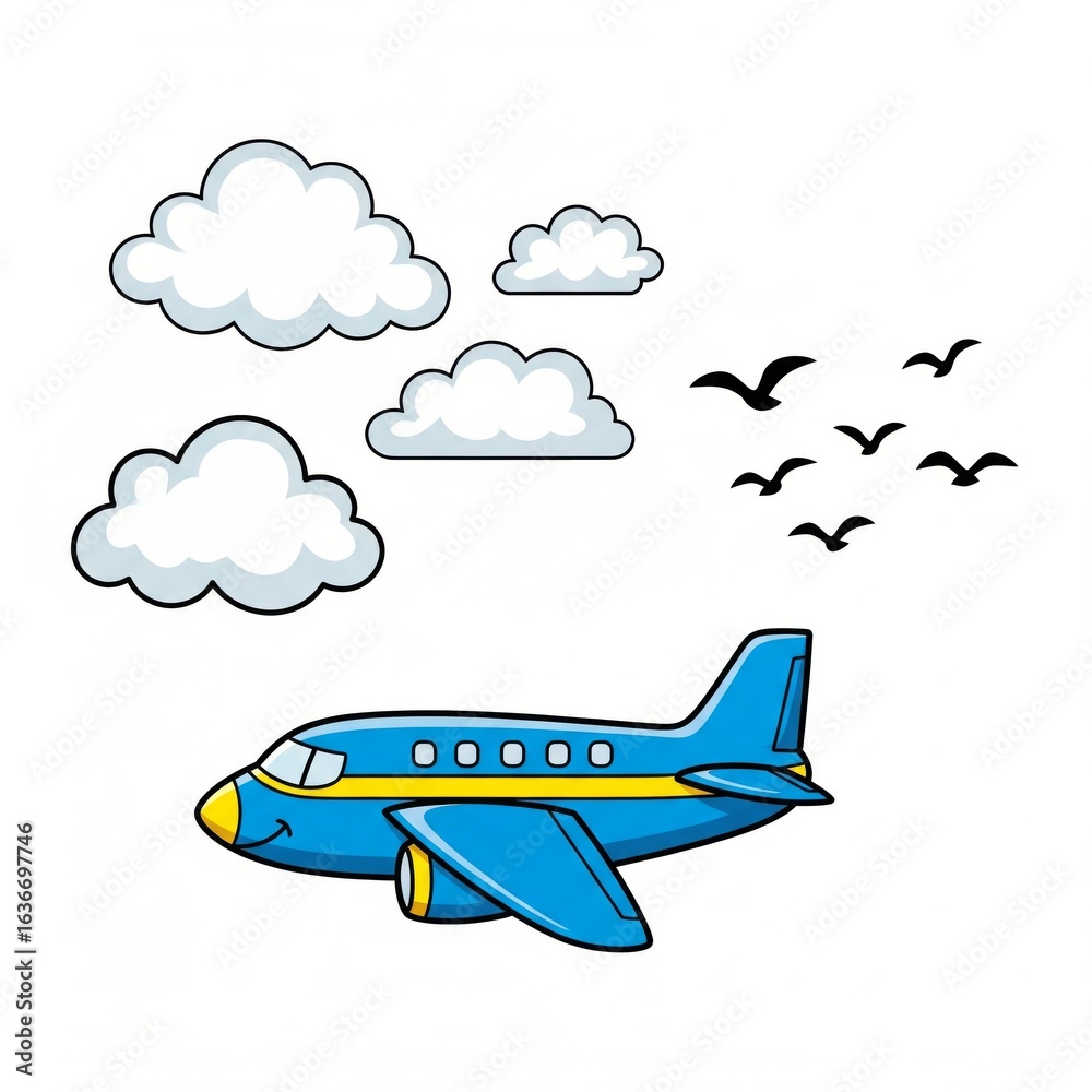 Naklejka premium Cartoon airplane flying in the sky with clouds and birds 