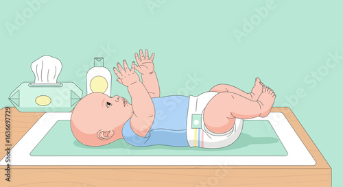 Cartoon illustration of a baby lying on a changing table with essential care products next to it showing childhood development stages
