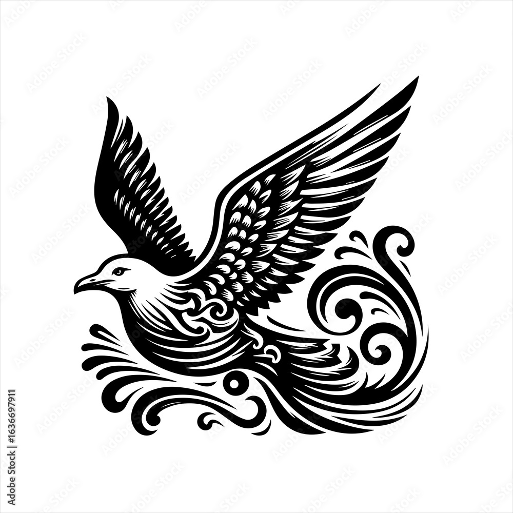 Obraz premium Elegant black and white flying bird with swirling ornate details