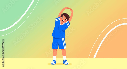 Cartoon illustration of a boy stretching his arms overhead for exercise and fitness purpose suitable for health and sport concept
