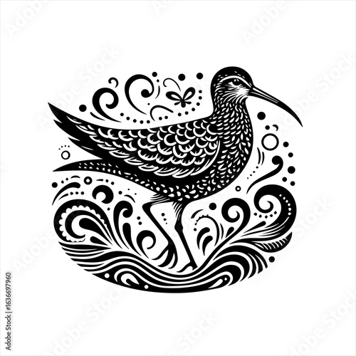 Stylized black and white illustration of a sandpiper bird with decorative elements
