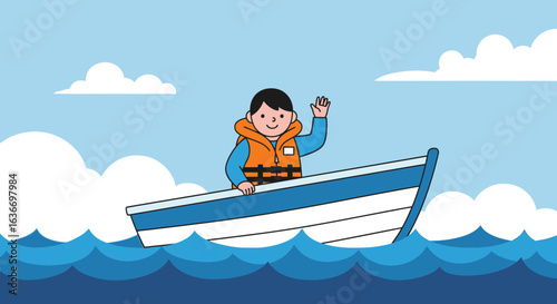 Cartoon illustration of a boy waving in a boat wearing a life jacket on the sea