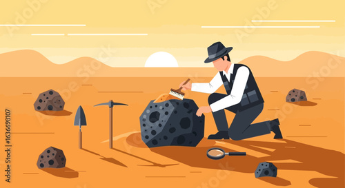Cartoon illustration of a geologist examining a meteorite with a brush in a desert landscape at sunset or sunrise