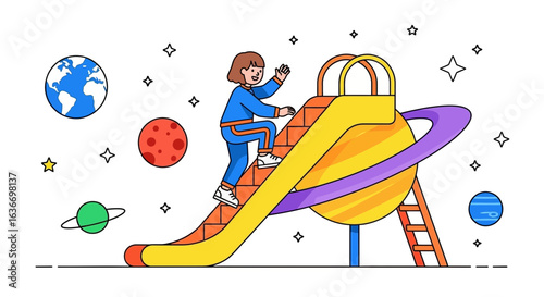 Cartoon illustration of a girl climbing a planetary playground amidst celestial bodies and sparkling stars in the space