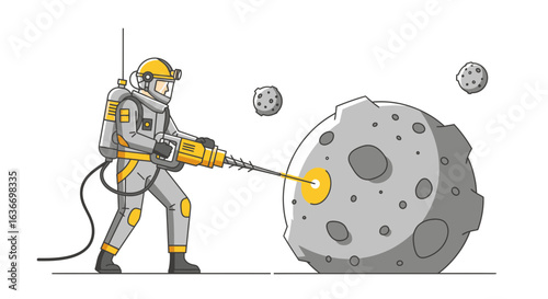 Cartoon illustration of an astronaut mining on the moon with a drill exploring space resources exploration concept