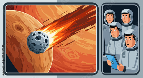 Cartoon illustration of astronauts witnessing an asteroid impact in outer space adventure depicting space disaster and crew panic