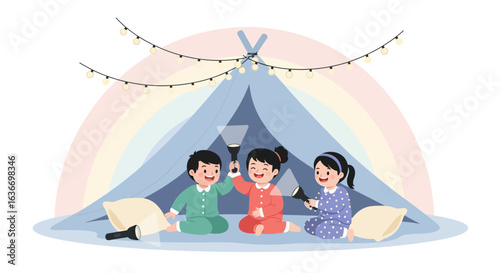 Cartoon illustration of children in pajamas having fun at a slumber party in a tent