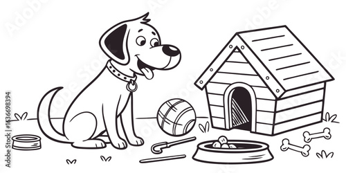Playful puppy cartoon with doghouse and toys, inviting illustration for children's content, vector origin