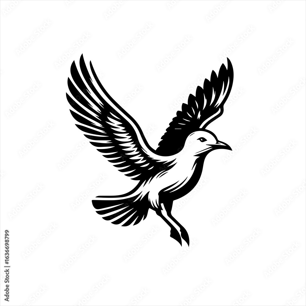 Obraz premium Stylized black and white seagull in flight vector art