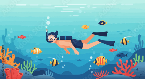 Cartoon underwater scuba diver with coral reef and fish enjoying ocean exploration