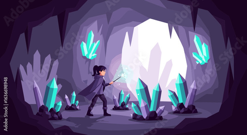 Cartoon Woman Exploring Crystal Cave with Magic Wand, Fantasy Adventure Scene