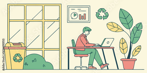 Eco conscious professional working with laptop at desk in sustainable office environment from scalable vector graphic