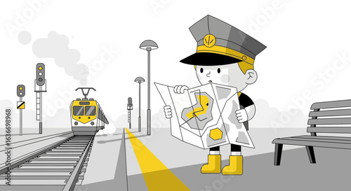 Cartoon train conductor studying a map on a platform with a train approaching, a whimsical travel illustration