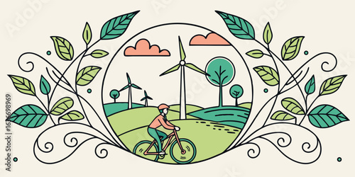Eco-friendly cyclist enjoying nature ride among wind turbines promoting sustainable living and environmental awareness