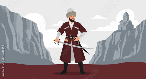 Caucasian Warrior With Sword Traditional Costume Against Mountainous Backdrop